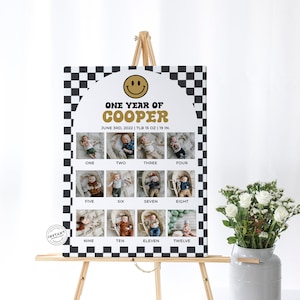 One Happy Dude Milestone Birthday Sign | Printable Baby&#39;s First Year Poster Template | Baby 1st Birthday Photo Board | Monthly Photos Smiley