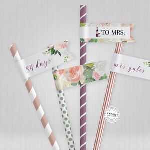 Red Wine Straw Flags for Bridal Shower | Download Mauve Bridal Shower Straw Flags | DIY Winery Decor | Floral Vino Invite | Straw Labels