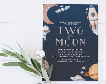 Two The Moon Birthday Invitation Printable | Space 2nd Birthday Theme | Party Pack 2 the moon bday | Birthday Invite Template | NASA Bday