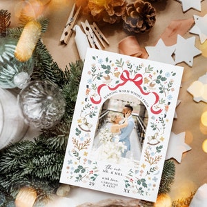 Kerstkaart voor pasgetrouwden | Boho aquarel kerstkaartsjabloon Grillige familie kerstkaart Merry and Married | Mijnheer mevrouw warme wensen