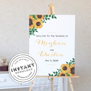 Sunflower Hochzeit Willkommensschild | Bearbeitbare Vorlage Sofortiger Download | Rustikale Hochzeit | Sonnenblume Brautparty Zeichen | Druckbares Hochzeitsschild