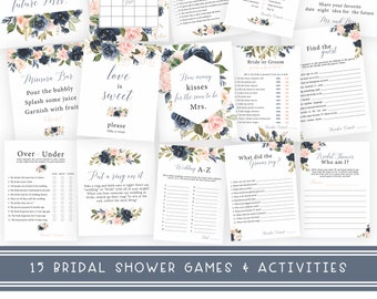 Navy & Blush Bridal Shower Game and Sign Bundle | 14 Floral Bridal Shower Games | Navy, Blush, Gold Bridal Shower Games | Watercolor Games