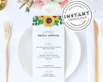 Sunflower Wedding Menu | Rustic Sun Flower Bridal Shower Menu | Menu Template DIY Download | Wedding Menu | Bridal Shower Menu Editable
