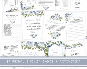 May include: A set of 10 printable bridal shower games with a blue and white floral design. The games include "Bride or Groom", "How well do you know the bride", "Over or Under", "Date Jar", "Mimosa Bar", "Put a ring on it", "Find the quest", "Bridal Shower Who am I", "How many kisses for the soon to be", and "Advice for the Bride".