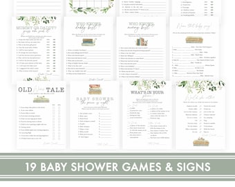 Vintage Storybook Game and Sign Bundle | 19 Old World Books Baby Shower Games | Book Lover Shower Games | Book Baby Shower Print at Home