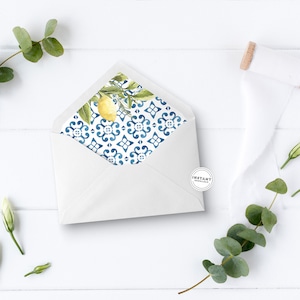 Blaue Kachel Zitrone A7 Kuvert Liner | 5x7 Zitronen Umschlag Liner | DIY Benutzerdefinierte Umschläge Italien Almafi Theme Brautdusche Liner Lemon