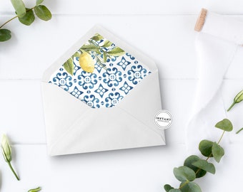 Blue Tile Lemon A7 Envelope Liners | 5x7 Lemon Envelope Liners | DIY Custom Envelopes Italy Almafi Theme Bridal Shower Liner Lemon