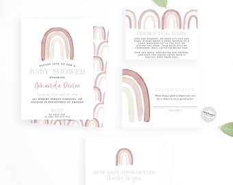 May include: A set of printable baby shower cards with a watercolor rainbow design. The cards include an invitation, a diaper raffle card, and a thank you card. The text on the invitation reads "Please join us for a baby shower honoring Amanda Renee". The text on the diaper raffle card reads "Diaper Raffle. Please bring a pack of diapers (any size) for a chance to win a special prize!"