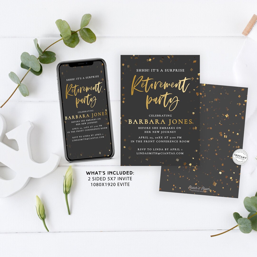 Surprise Retirement Party Invitation and Evite | Black and Gold ...