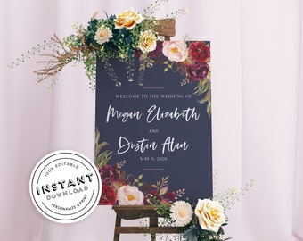 Navy Burgundy Wedding Welcome Sign | Editable Template Instant Download | Marsala Wedding |  Bridal Shower Sign | Navy Maroon Wedding Sign