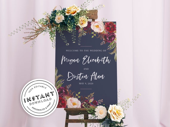 Navy Burgundy Welcome Wedding Sign Template Floral Merlot Wedding Welcome Sign Navy Marsala Wedding Sign Large Signage Editable Template 034