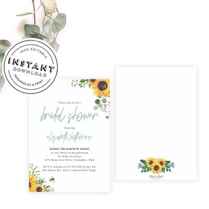 May include: A sunflower themed bridal shower invitation with a green and gold floral border. The invitation text reads "Please join us for a bridal shower honoring Elizabeth Katherine. Sunday, the eighth of August at two thirty in the afternoon. The Miller Residence, 2576 Home Acre Drive, Columbus, Ohio. RSVP to Amanda at 614-291-8201 by July 8th. The Future Mrs. Reis is registered at Target."