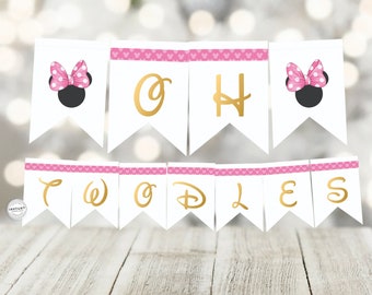 Banner de cumpleaños con lazo rosa Oh Twodles / Plantilla de banner personalizada para cumpleaños de niños / Banderín de decoración de cumpleaños con lazo rosa Oh Twodles editable