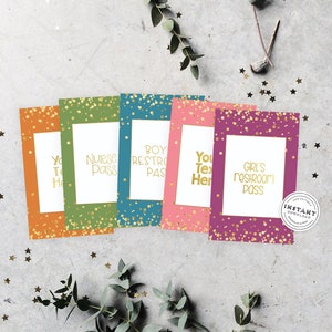 Set of 5 Bright Gold Confetti Classroom Hall Passes | Rainbow Teacher Decor | Editable Hall Pass | Instant Download Cheap Classroom Decor