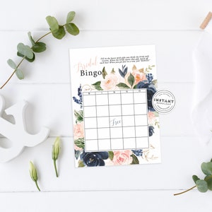 Navy & Blush Bridal Shower Bingo Game | Printable Bridal Shower Game | Navy, Blush, Gold Bridal Shower Games | Watercolor Games