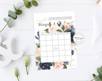 Navy & Blush Bridal Shower Bingo Game | Printable Bridal Shower Game | Navy, Blush, Gold Bridal Shower Games | Watercolor Games