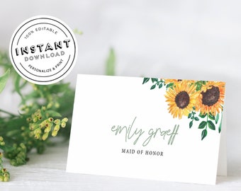 Sunflower Escort Card | Sunflower Place Card | Editable Place Cards for Wedding | Bridal Shower Sun Flower Name Cards | Place Card Template