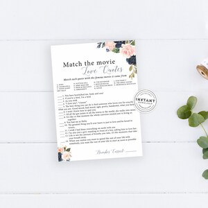 Navy & Blush Bridal Shower Movie Love Quotes Game | Printable Bridal Shower Game | Navy, Blush, Gold Bridal Shower Games | Watercolor Games