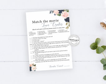 May include: A printable game card with a floral design in shades of blue and pink. The card features a game called "Match the Movie Love Quotes" with a list of movie titles and quotes.
