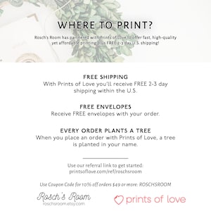 May include: A graphic with the text "Where to Print?" and information about free shipping, free envelopes, and a tree planting program with every order from Prints of Love. The text "Rosch's Room" is also included with a link to their Etsy shop.
