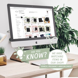 Puede incluir: Una pantalla de ordenador que muestra un sitio web con una variedad de productos digitales, incluidos dise&ntilde;os imprimibles y descargas digitales. El sitio web se llama "RoschsRoom" y el texto "&iquest;Sab&iacute;as que? &iexcl;Tenemos art&iacute;culos a juego en nuestra tienda! Buscar: Anuncio de embarazo" se muestra debajo de la pantalla.