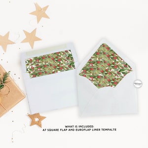 May include: Two white envelopes with a red and green floral pattern on the flap and liner. The text "WHAT IS INCLUDED: A7 SQUARE FLAP AND EUROFLAP LINER TEMPLATE" is printed below the envelopes.