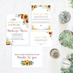 Afdrukbare zonnebloem en roos baby shower uitnodigingen | Rustieke DIY afdrukbare 4-delige baby shower uitnodigingsset| Babyshower uitnodigingen