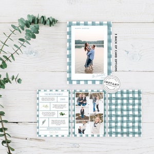 Dusty Blue Farmhouse Easter Photo Card | Szablon karty ze zdjęciami 2020 | Edytowalny przegląd roku | Wielkanocna karta ze zdjęciami DIY do wydrukowania w kratę Buffalo