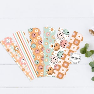 Groovy Smileys Retro Bulletin Board Border | Printable Bulletin Board Borders Teachers | 6 Smiley Flower Checkered Classroom Decor Borders