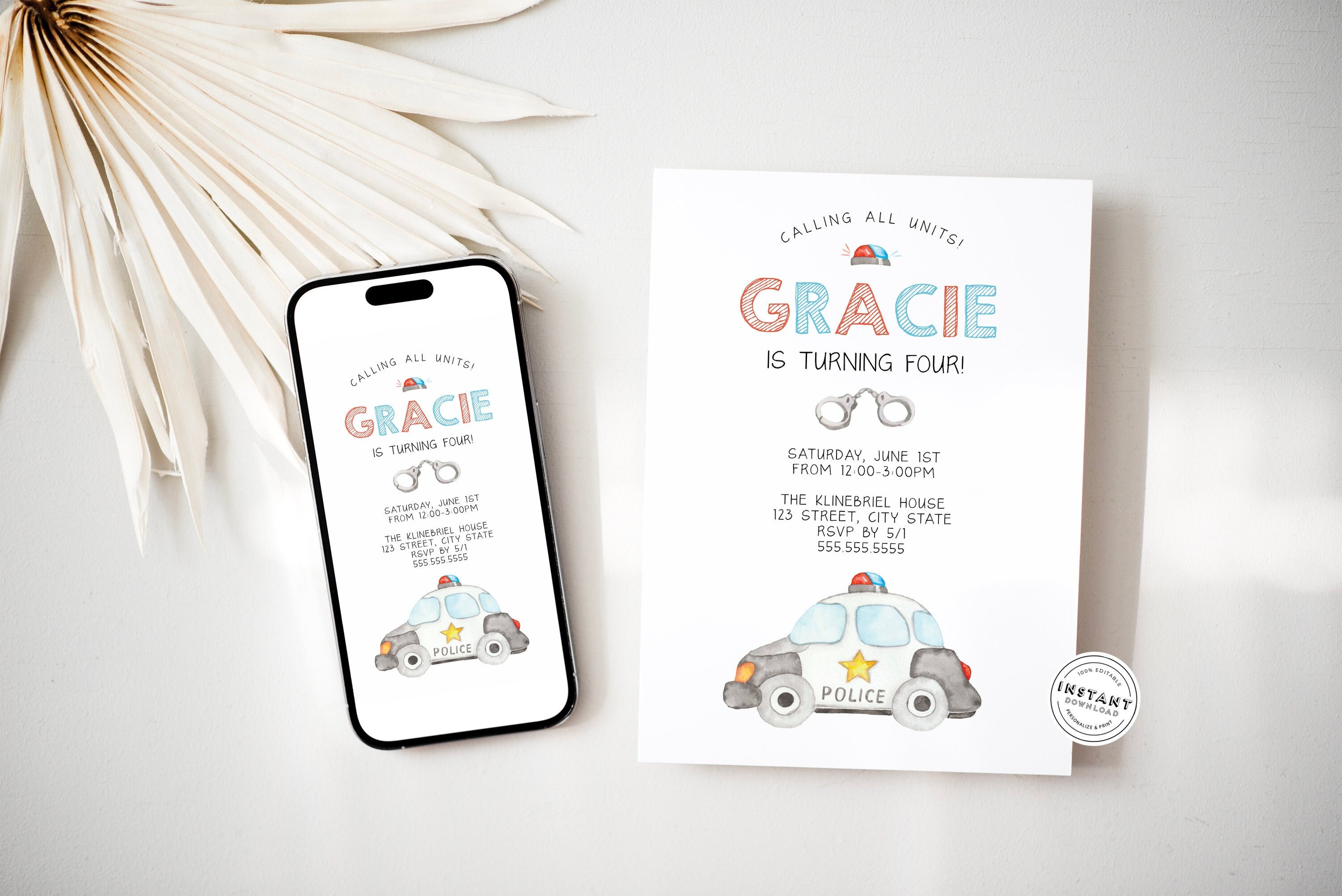 Calling All Units Police Birthday Invitation | Kids Birthday Party Police Theme | Email Print Text Evite Cop Theme Girl Birthday | Boy Bday
