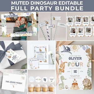 Muted Dinosaur Birthday Bundle | Boho Neutral Color Boy Dino Birthday Party Bundle | Chomp Stomp Roar Fourth Birthday Templates Natural Dino
