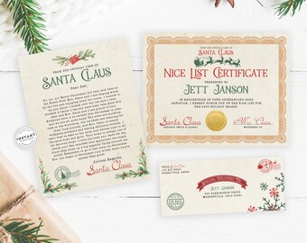 Lettre du père Noël modifiable en téléchargement immédiat | Certificat Nice List modifiable | Lettre personnalisée du pôle Nord | Modèle d'enveloppe de père Noël à faire soi-même