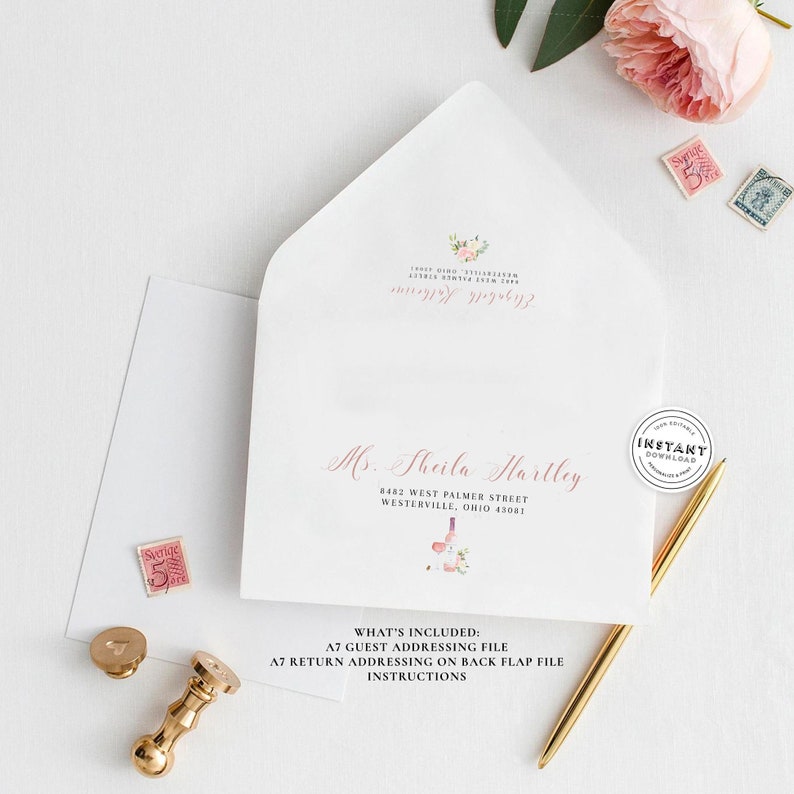 Blush Wine Envelope Addressing Template for Bridal Shower Etsy