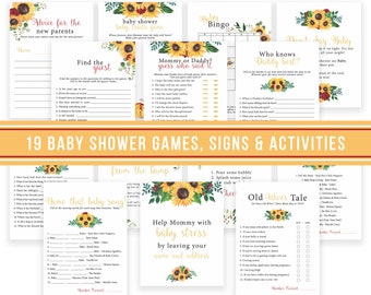 May include: A set of 19 printable baby shower games, signs, and activities featuring a sunflower theme. The games include "Advice for the New Parents", "Baby Shower Baby Traits Game", "Baby Bingo", "Find the Guest", "Mommy or Daddy? Guess Who Said It", "Who Knows Daddy Best?", "Don't Say Baby", "Name That Baby Song", "From the Bump", "Help Mommy with Baby Stress by Leaving Your Name and Address", "Old Wives Tale", and "Pour Some Bubbly".