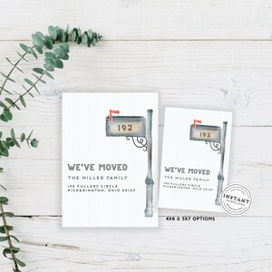 May include: A printable card design featuring a watercolor illustration of a mailbox with the number 192 on it. The card says "We've Moved" and includes the text "The Miller Family" and their new address. The card is available in 4x6 and 5x7 sizes.