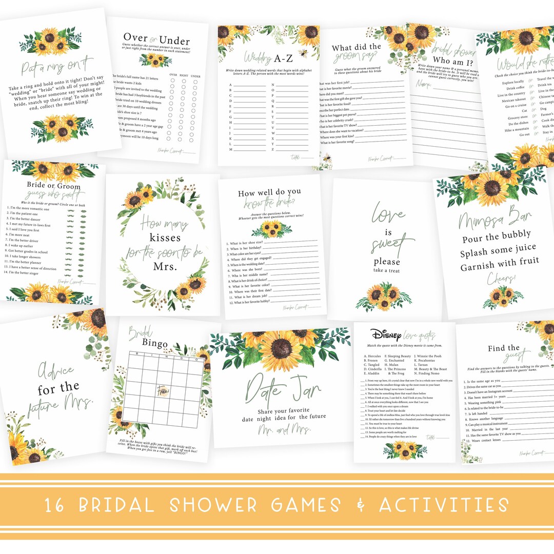 Sunflower Bridal Shower Game and Sign Bundle | 16 Watercolor Bridal ...
