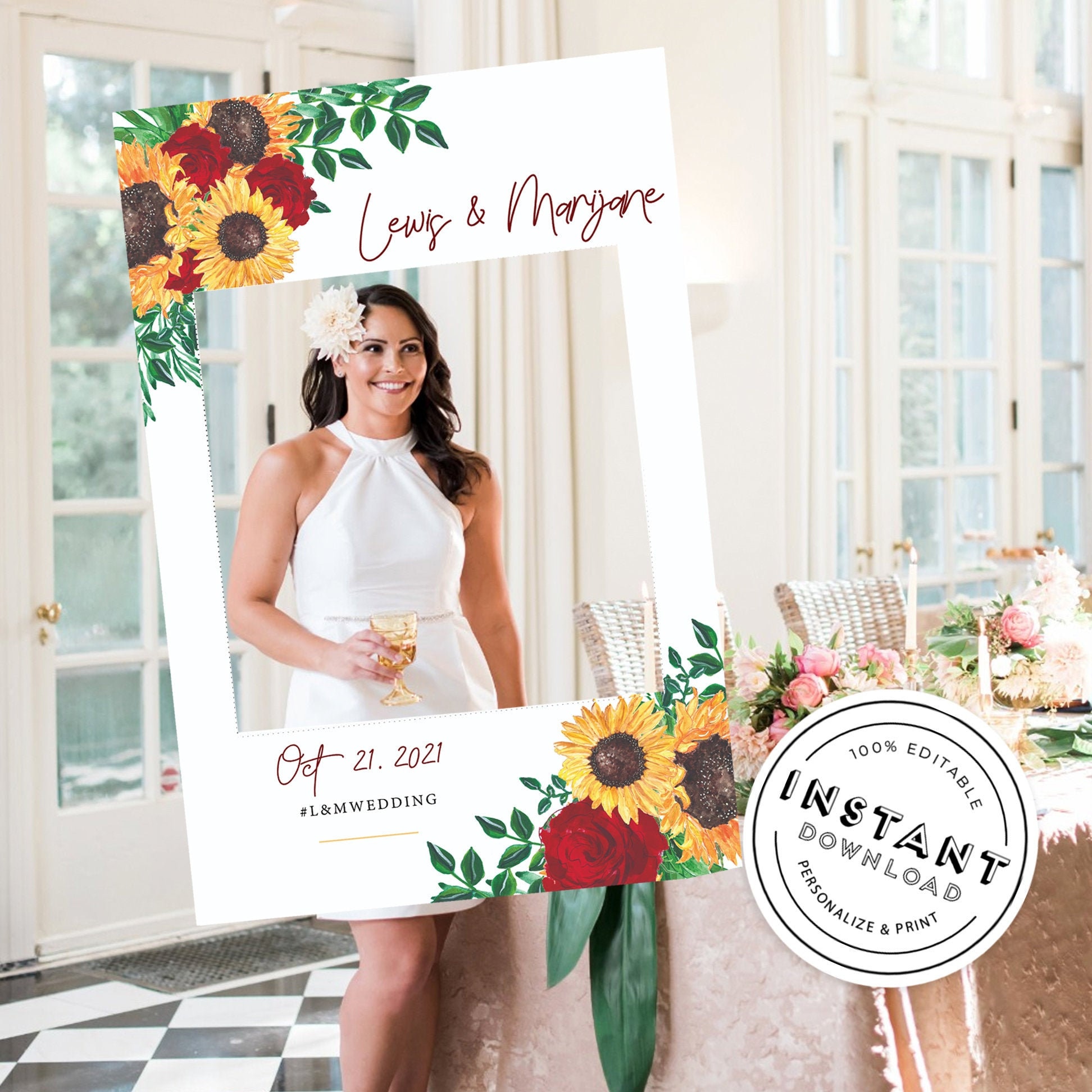 Sunflower and Rose Bridal Shower Photo booth frame INSTANT DOWNLOAD Photo Prop Baby Shower Photo Prop Sunflower Selfie