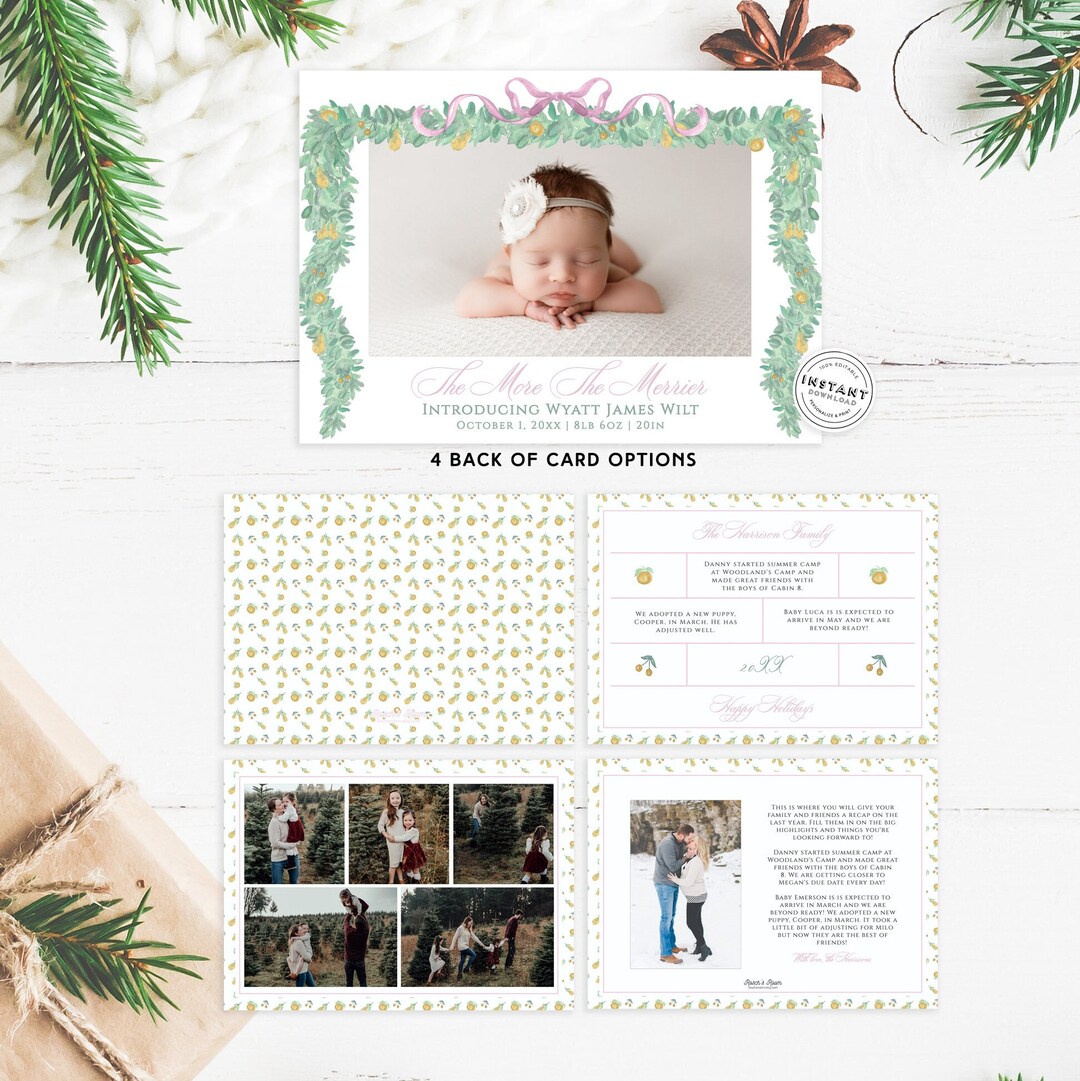 Girl Birth Announcement Christmas Card Holiday Cards Pink Etsy