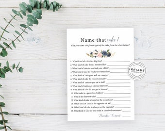 May include: A printable game card with the title "Name that cake!" and 15 questions about different types of cake. The card has a floral design with pink and blue flowers.