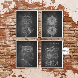 May include: Set of four vintage black and white patent drawings on a brick wall background. The drawings depict a soccer ball, a soccer goal, a soccer shoe, and a soccer ball design. The drawings are labeled with the patent numbers and dates.