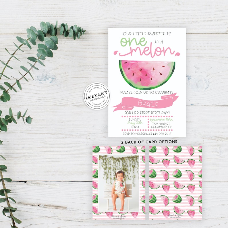One in a melon 1st birthday Print at first birthday DIY First Bday Invitation One In a Melon First Birthday Invitation Template