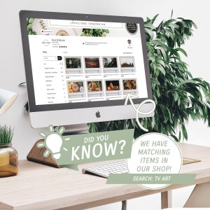 May include: A computer screen displaying an online shop called "RoschsRoom" with a variety of digital art prints for sale. The text "Did you know? We have matching items in our shop! Search: TV Art" is displayed below the computer screen.