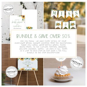 May include: A sunflower themed bridal shower printable bundle with a welcome sign, cupcake toppers, and a banner that says "Miss to". The bundle includes editable templates that can be personalized and printed.