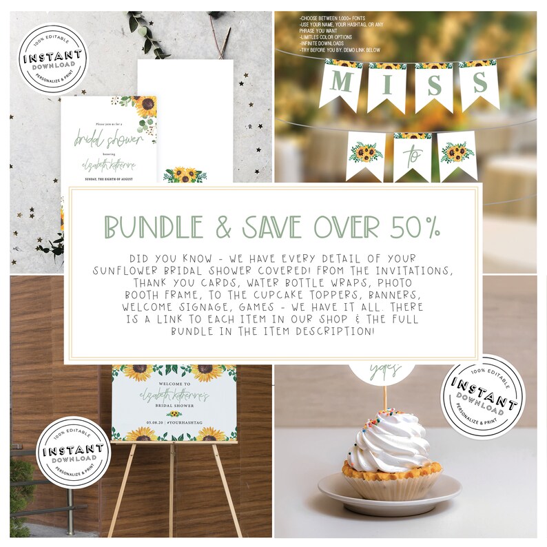 May include: A sunflower themed bridal shower printable bundle with a welcome sign, cupcake toppers, and a banner that says "Miss to". The bundle includes editable templates that can be personalized and printed.