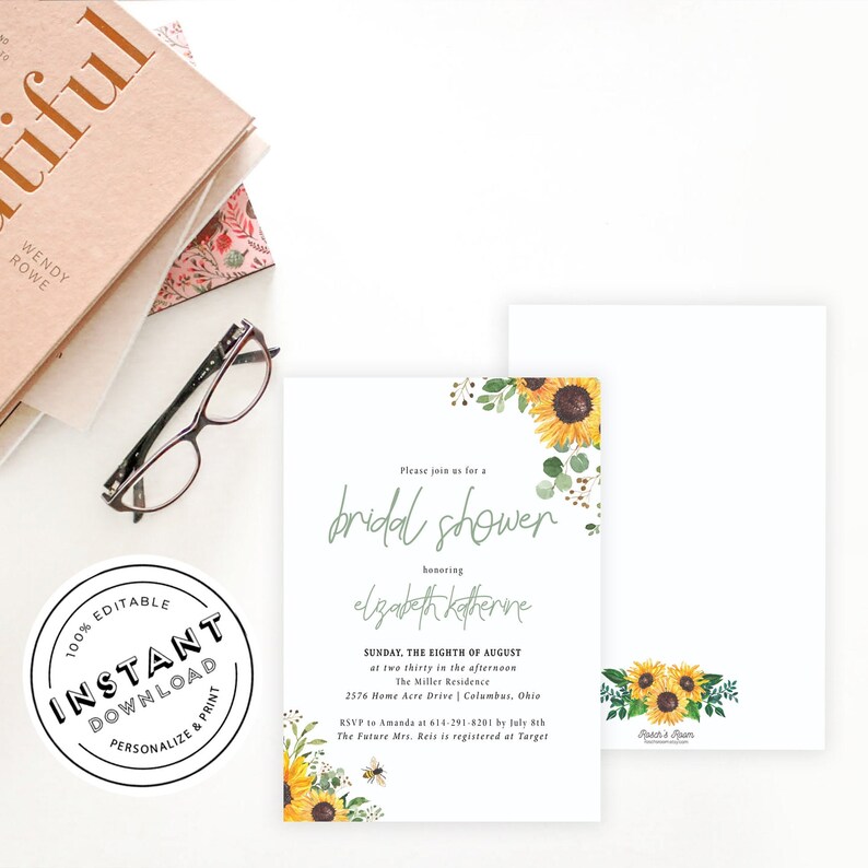 May include: A sunflower-themed bridal shower invitation with a white background and green and yellow floral accents. The text reads "Please join us for a bridal shower honoring Elizabeth Katherine. Sunday, the eighth of August at two thirty in the afternoon. The Miller Residence, 2576 Home Acre Drive | Columbus, Ohio. RSVP to Amanda at 614-291-8201 by July 8th. The future Mrs. Reis is registered at Target."