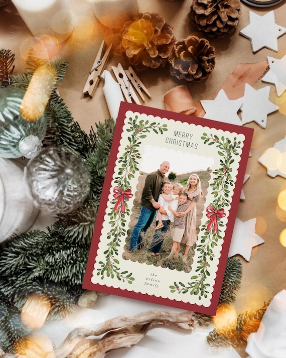 Family Christmas Card with photos, Traditional Christmas card, Vintage style holiday card, garland and red ribbon Christmas DIY template