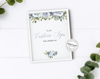 Letreros de boda con flores en azul polvoriento personalizables de 8 x 10/ Pósteres de boda personalizados de 8 x 10 para imprimir/ Letreros de boda con flores para imprimir en casa