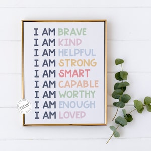 I am Affirmations | Rainbow Affirmations for Girls Room | I am Brave I am Kind I am Helpful Affirmations Poster | Colorful Affirmation 11x14