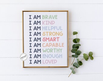 I am Affirmations | Rainbow Affirmations for Girls Room | I am Brave I am Kind I am Helpful Affirmations Poster | Colorful Affirmation 11x14