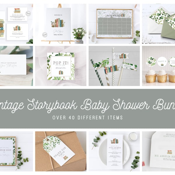 Vintage Storybook Baby Shower Bundle | FULL Set of Book Lover Baby Shower Decorations | Baby Shower Book Theme | Greenery Book Worm Shower